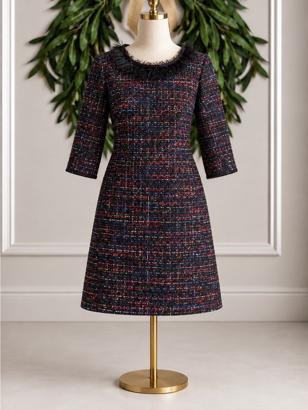 Sara Campbell Black Multi Color Tweed Dress Feather Trim Sequins 10